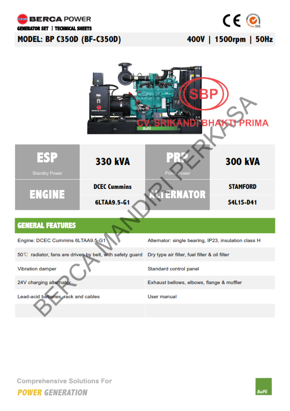 BERCA POWER GENERATOR SET OPEN TYPE 300 KVA MODEL BP C350D