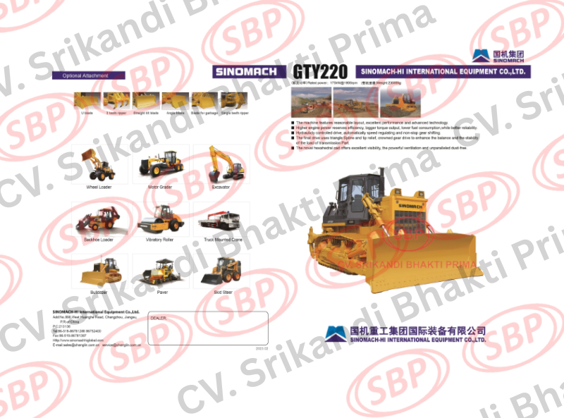 CRAWLER BULLDOZER SINOMACH GTY220 STANDARD STRAIGHT TILT BLADE 6.4 M3 MAINTENANCE 6000 HM